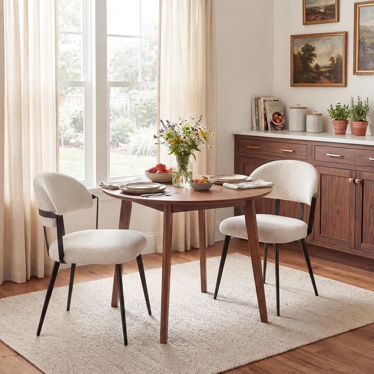 Luxe Chenille Eetkamerstoelen Set van 2 – Beige Design Stoelen met Metalen Poten en Comfortabele Zit (47×44×77 cm)
