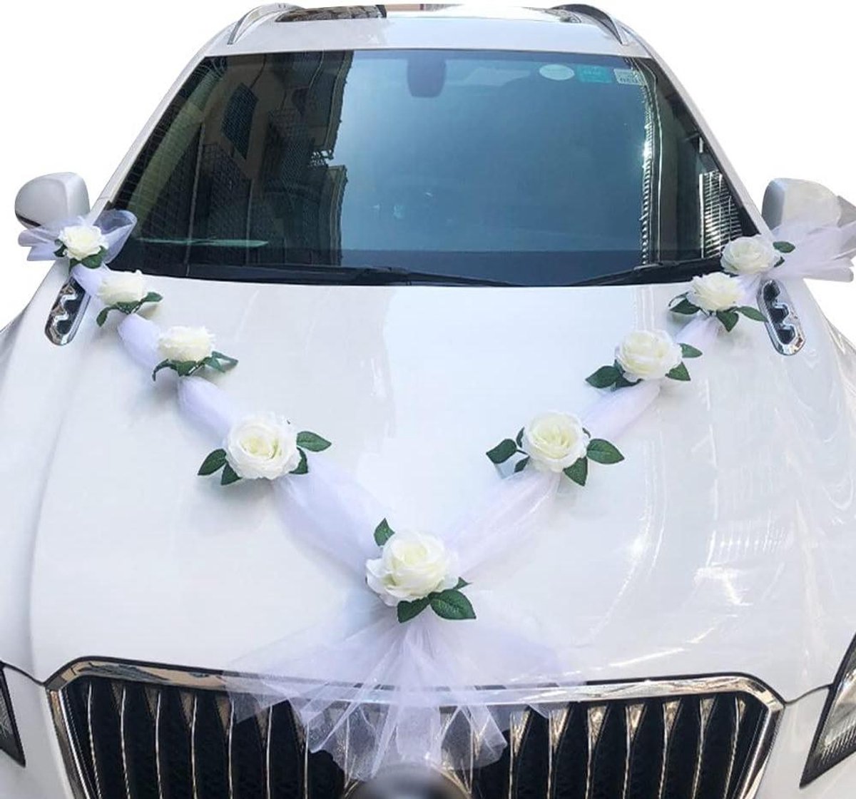 Bruiloft Auto Bloem Decoratie - Bruidsauto Versiering - Bruiloft Versieren - Kunstmatige Roos - 1 Set - Wit