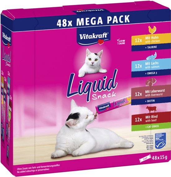 Vitakraft Liquid Snack Mega Pack met 48 zakjes, waaronder kip, zalm, leverworst en rund smaak.