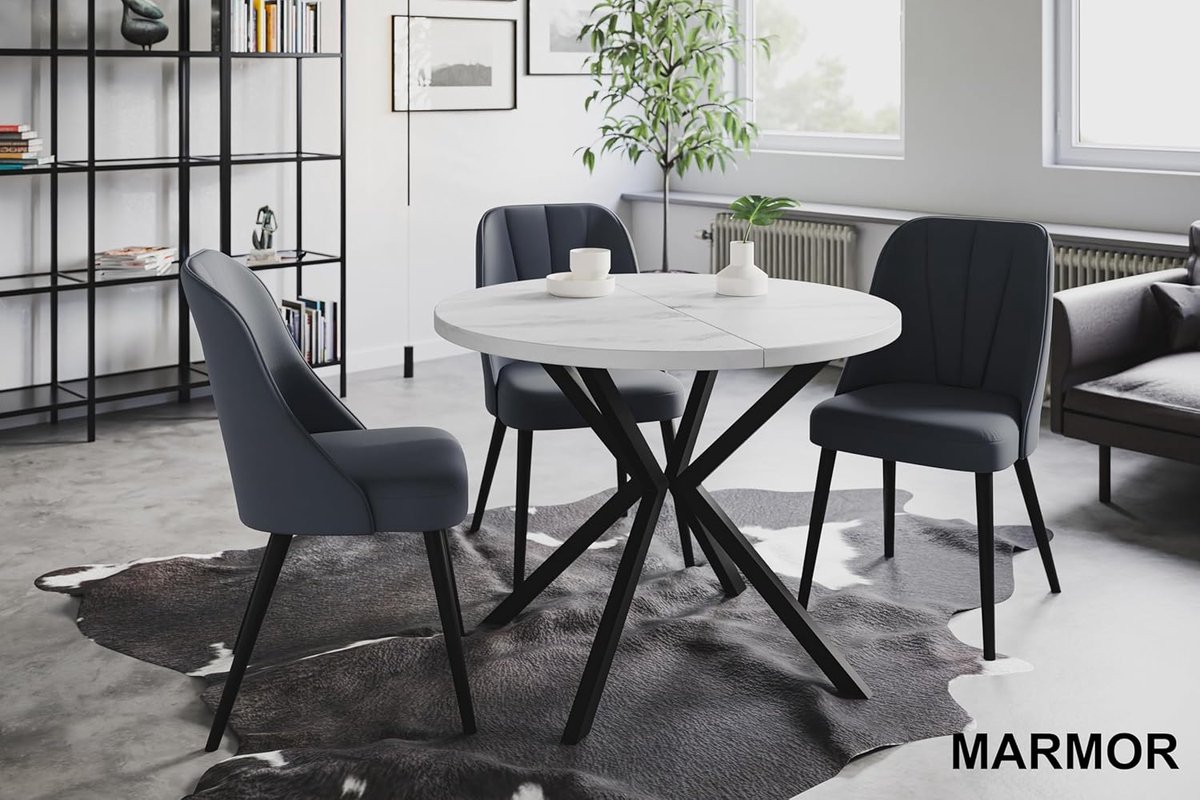 LOFT LITEN Uitschuifbare Ronde Eettafel 100–180 cm Marmer Look met Zwarte Metalen Poten – Moderne Design Eettafel Ø100 cm Hoogte 76 cm