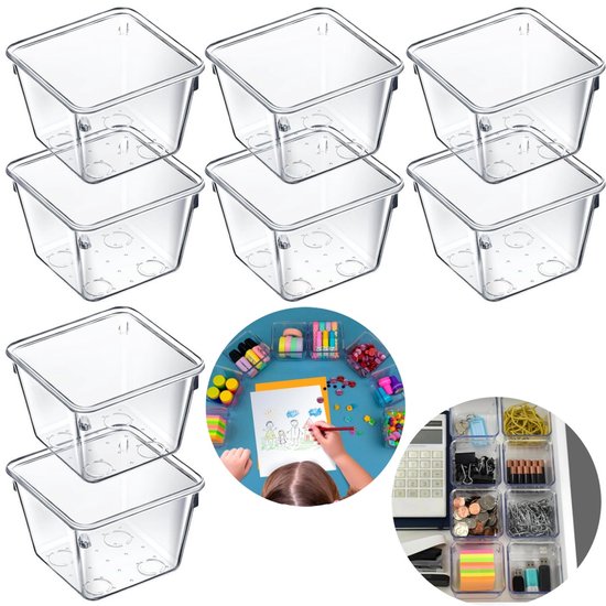 Set van 8 opbergbakjes – Bakjes voor kantoorbenodigdheden – Cosmetica organizers – Minibakjes – Ladeverdelers – Sieraden uitgiftedozen – Vierkante doos – Voor kantoor, kaptafel, lades (7,5 x 3,5 cm – Transparant)