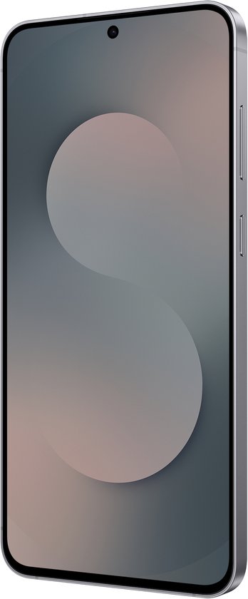 Grijze smartphone met volumeknoppen aan de zijkant en een minimalistische display.