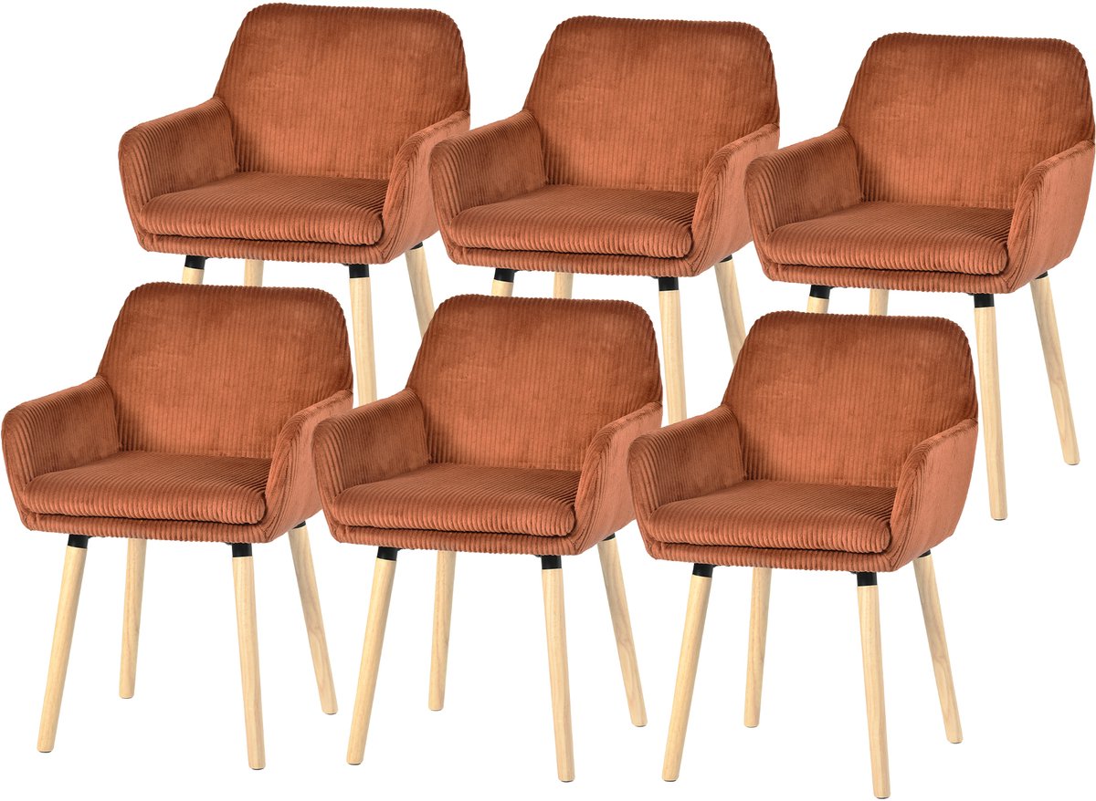 MEUBLE COSY Meubles Cosy Eetkamerstoel - Set Van 6 Fluweel Ribstof Houten Poten Scandinavisch Design - Baksteenrood