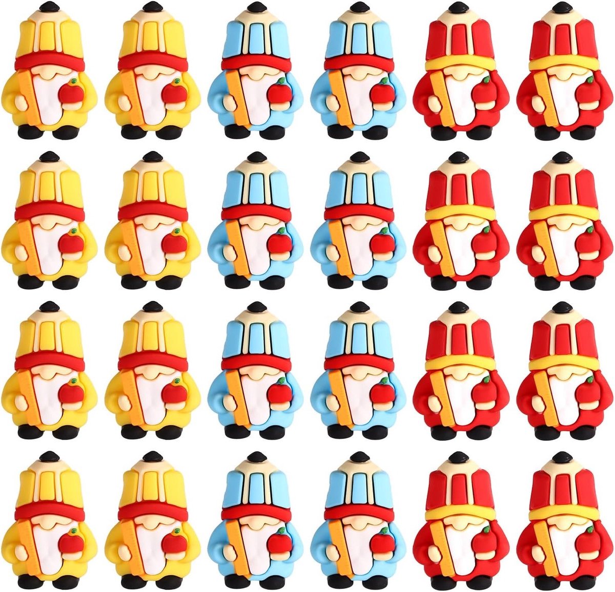 24 Stuks Kleine Terug naar School Kabouters - Miniatuur PVC Kabouters voor Seizoensgebonden Woningdecoratie en Klaslokaal Decoratie (Blauw, Rood, Geel)