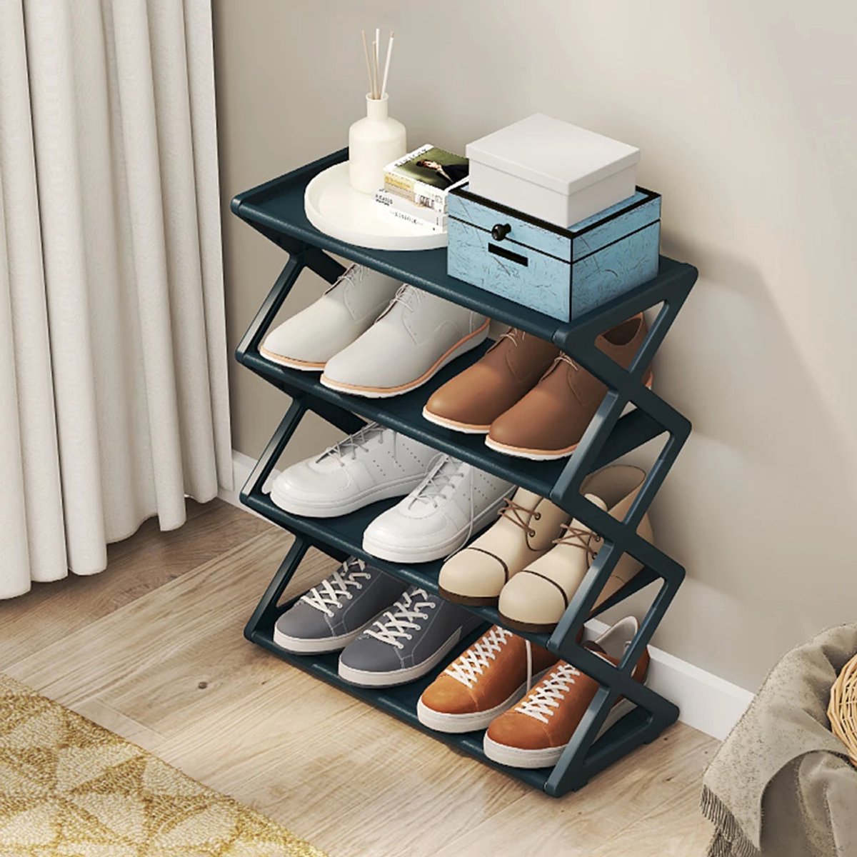 42*18,5*49,5 cm schoenenrek met 4 lagen, vrijstaand schoenenrek, schoenenrek voor de hal, vastgemaakt X-vormig frame van stalen buizen, schoenenrek voor de woonkamer - opbergrek voor thuis
