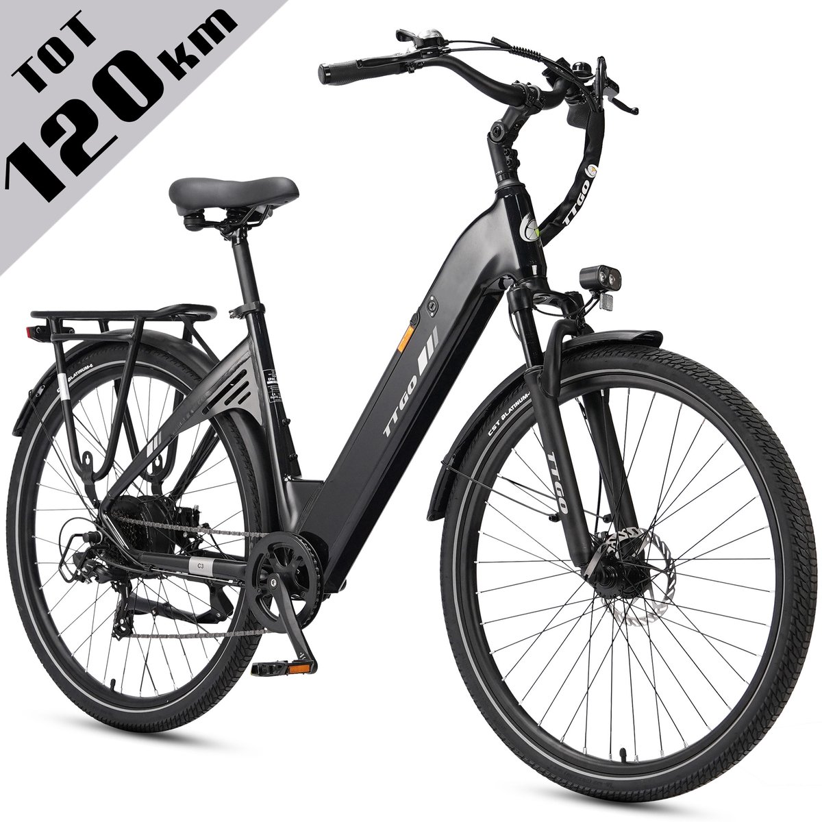 TTGO Elektrische Fiets C3- 28 Inch E-Bike Stadsfiets - 18Ah Accu tot 120 km Bereik - Shimano 7 Speed- Aluminium Frame - Zwart