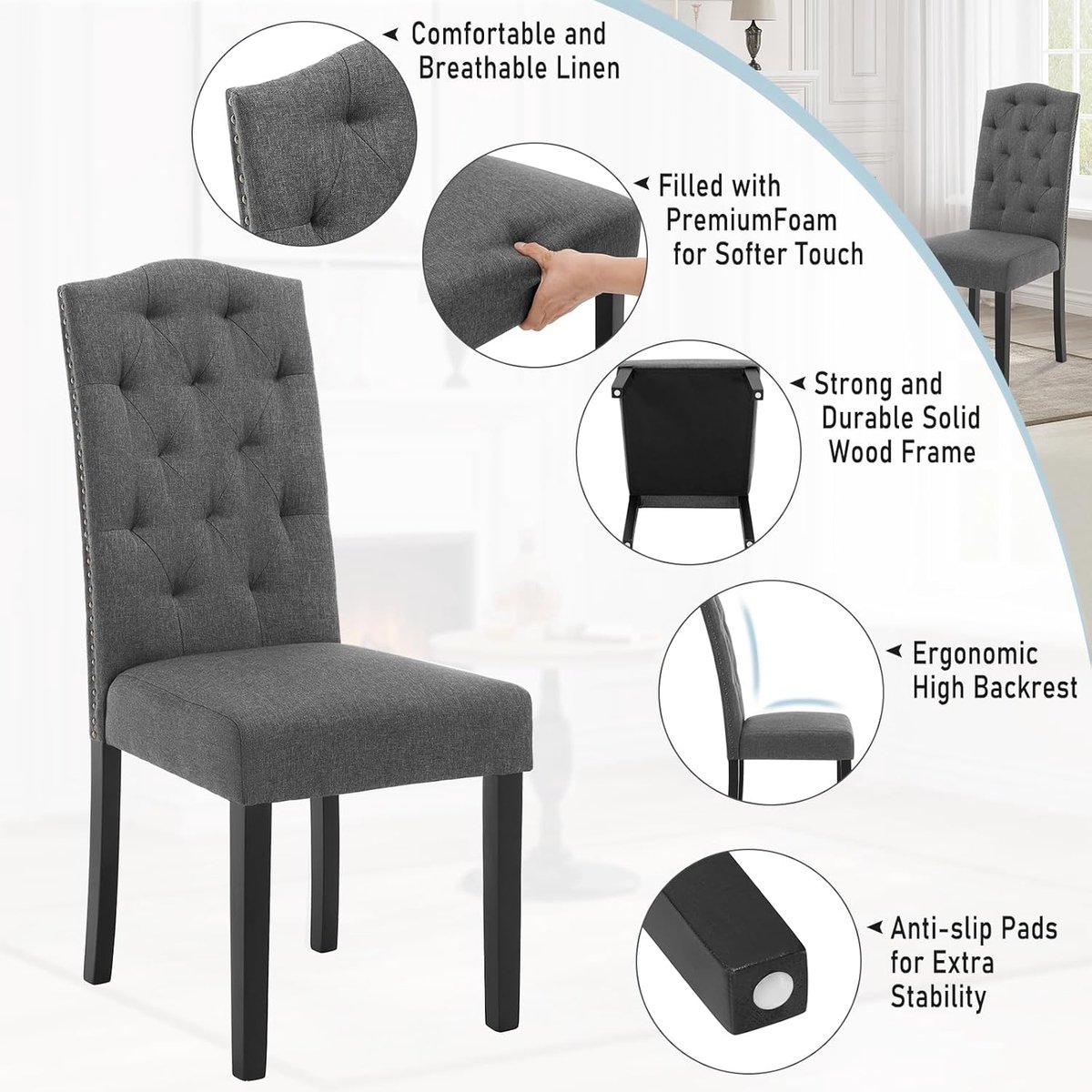 Luxe Moderne Eetkamerstoelen met Hoge Rugleuning en Linnen Bekleding 42x45,5x102 cm Donkergrijs