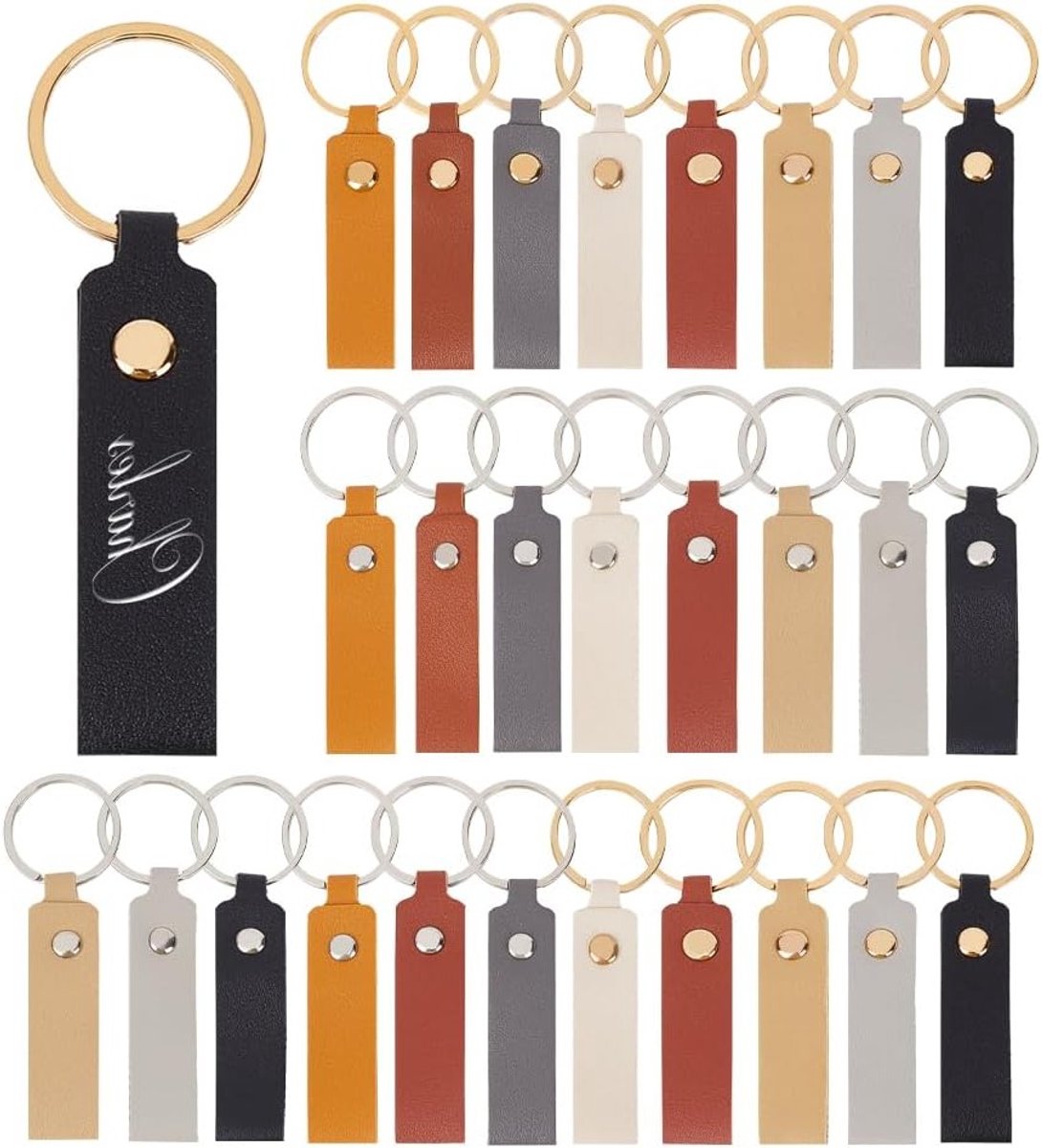 64 Stuks 16 Kleuren Leren Sleutelhanger Blanks, Kleurvol met Platinanieten en Gravure Blanks voor DIY Ambachten en Creatieve Projecten