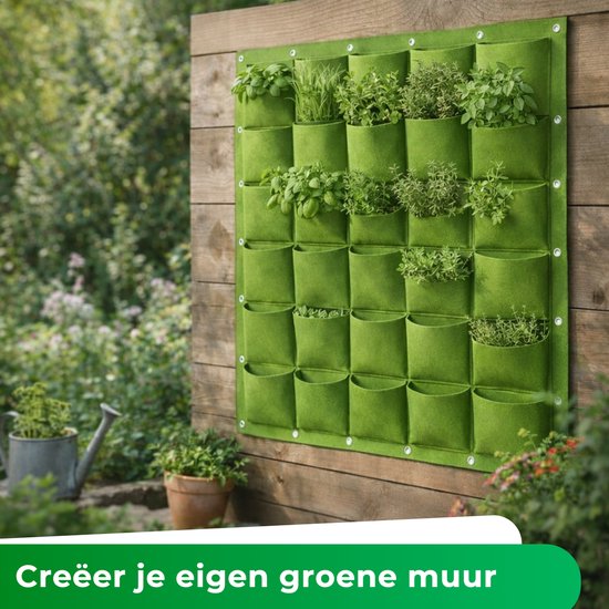Verticale tuin 36 vakjes – Plantenzak voor muur – Verticale moestuin – Kruiden kweken – 100x100 cm – Groen