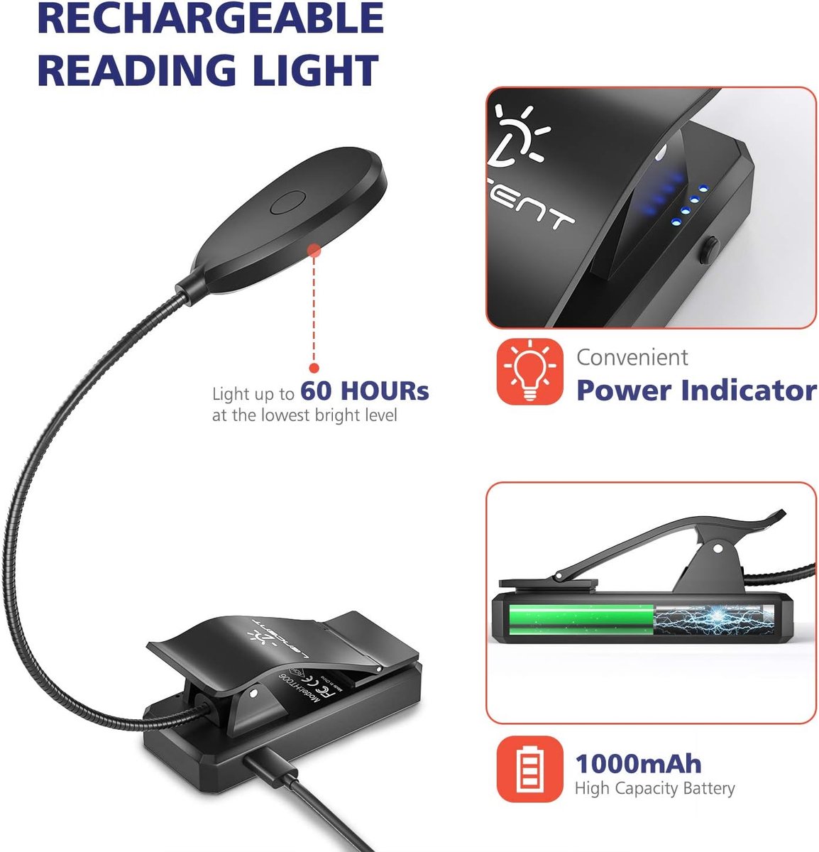 Oneay Oplaadbare leeslamp voor boeken, clip-on lamp die blauw licht blokkeert, oogbescherming voor een betere nachtrust, flexibel en draagbaar voor e-readers, 's nachts, op reis en tijdens het werk. — cadeau in Gadgets - foto 4