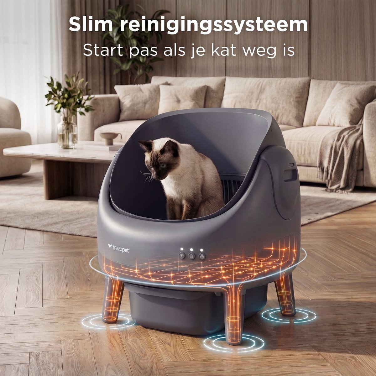 TrevoPet® Air - Automatische Kattenbak met App - Zelfreinigend & Veilig - Voor Katten tot 12KG - Incl. Mat, 60 Afvalzakjes & Accessoires - 10L Afvalbak - Grijs thumbnail 3