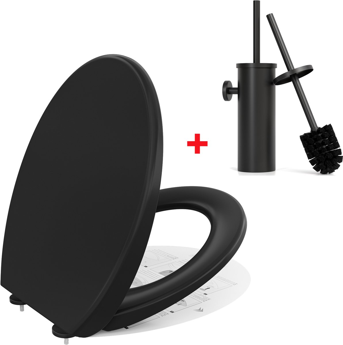 Auralum Max Toiletbril O-vorm - Met Toiletborstel - RVS WC Borstel - Toiletzitting - Soft Close - Easy Clean functie - Zwart
