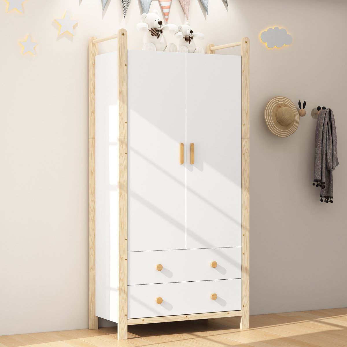Sweiko Kledingkast - met kledingstang - 2 lades - Grenenhouten frame - Spaanplaat - 90 × 45 × 180 cm - Wit