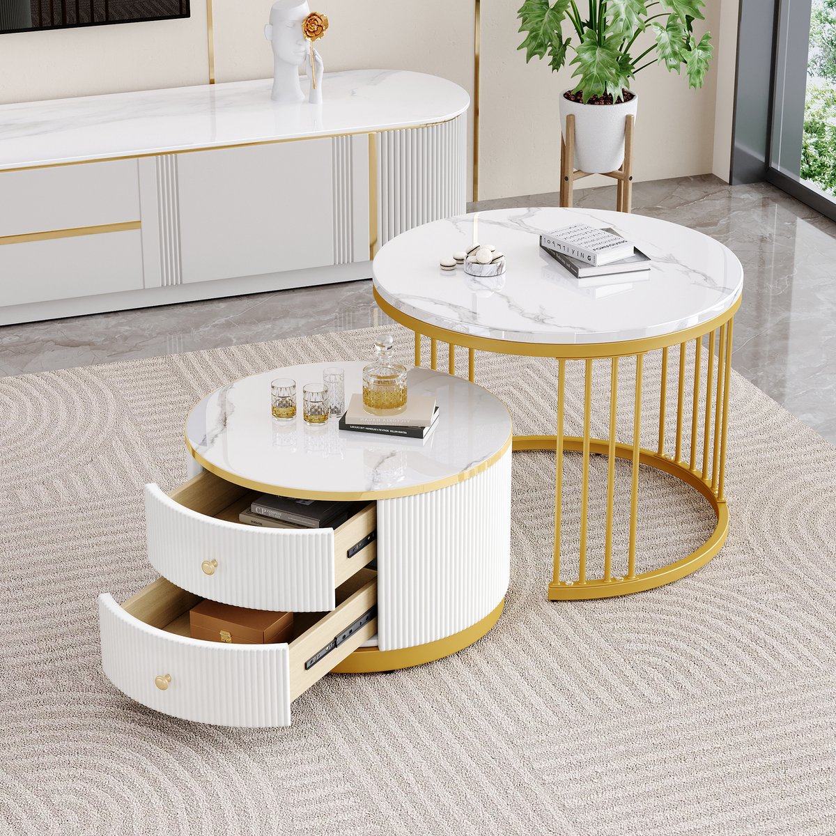 MODENUIT Salontafelset - 2 Ronde Tafels Met Marmerlook En 2 Lades - Voor Woonkamer - MDF Wit - 60x60x45,5 Cm
