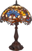 Tiffany tafellamp met een lampenkap van glas-in-lood in crème, amber en blauwtinten. Sierlijke basis.