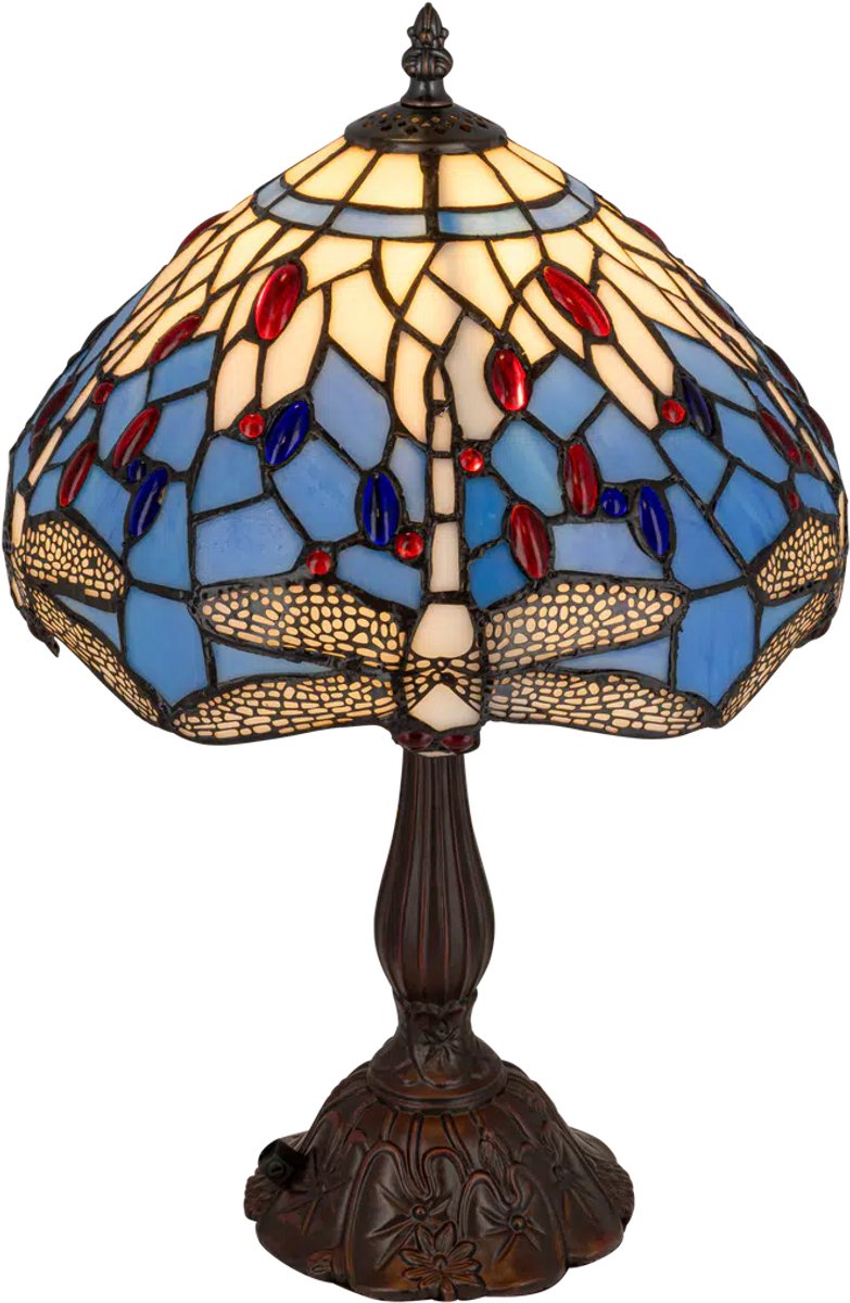 Tiffany tafellamp libelle – blauw-crème – Ø 30 cm – glas in lood – warm licht | RORUVERA