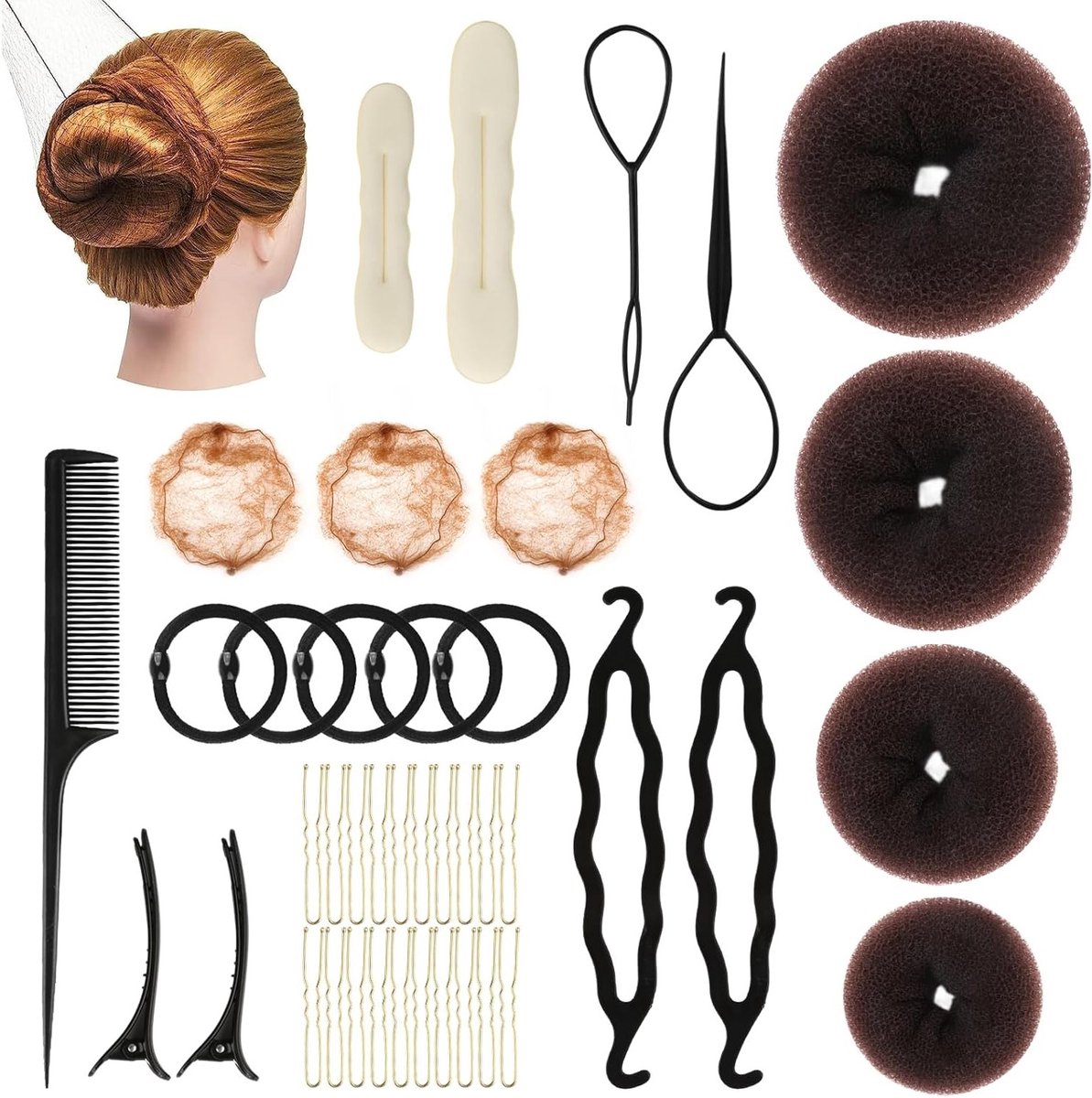 Hairstyling Set voor Donut Haar Buns - 39-delige Accessoire Set met Haarmat, Elastische Haarband en Haarspelden voor Vrouwen
