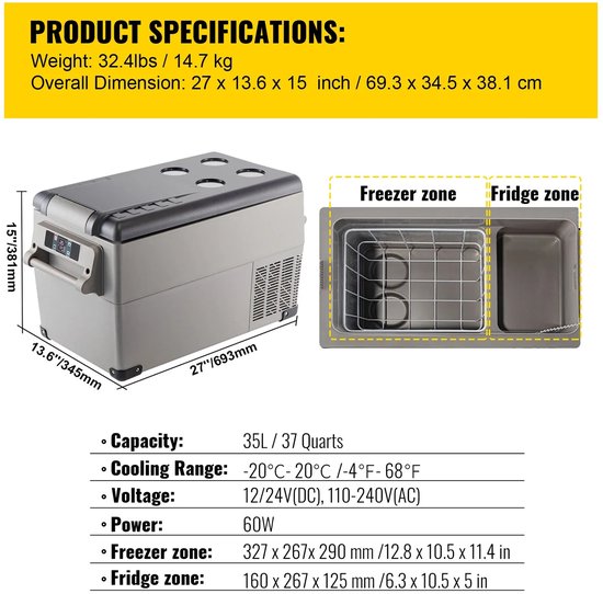 Solayne Koelbox - Mini koelkast - Minibar - Koelbox auto - Mini koelkast met vriesvak - 35 liter - 110-240 V - Zwart/Grijs van Merkloos — afbeelding 3