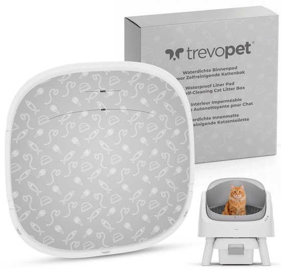 Litière TRevoPet blanche avec motif de poisson et de chat gris, à côté de sa boîte et un chat roux dans la litière.