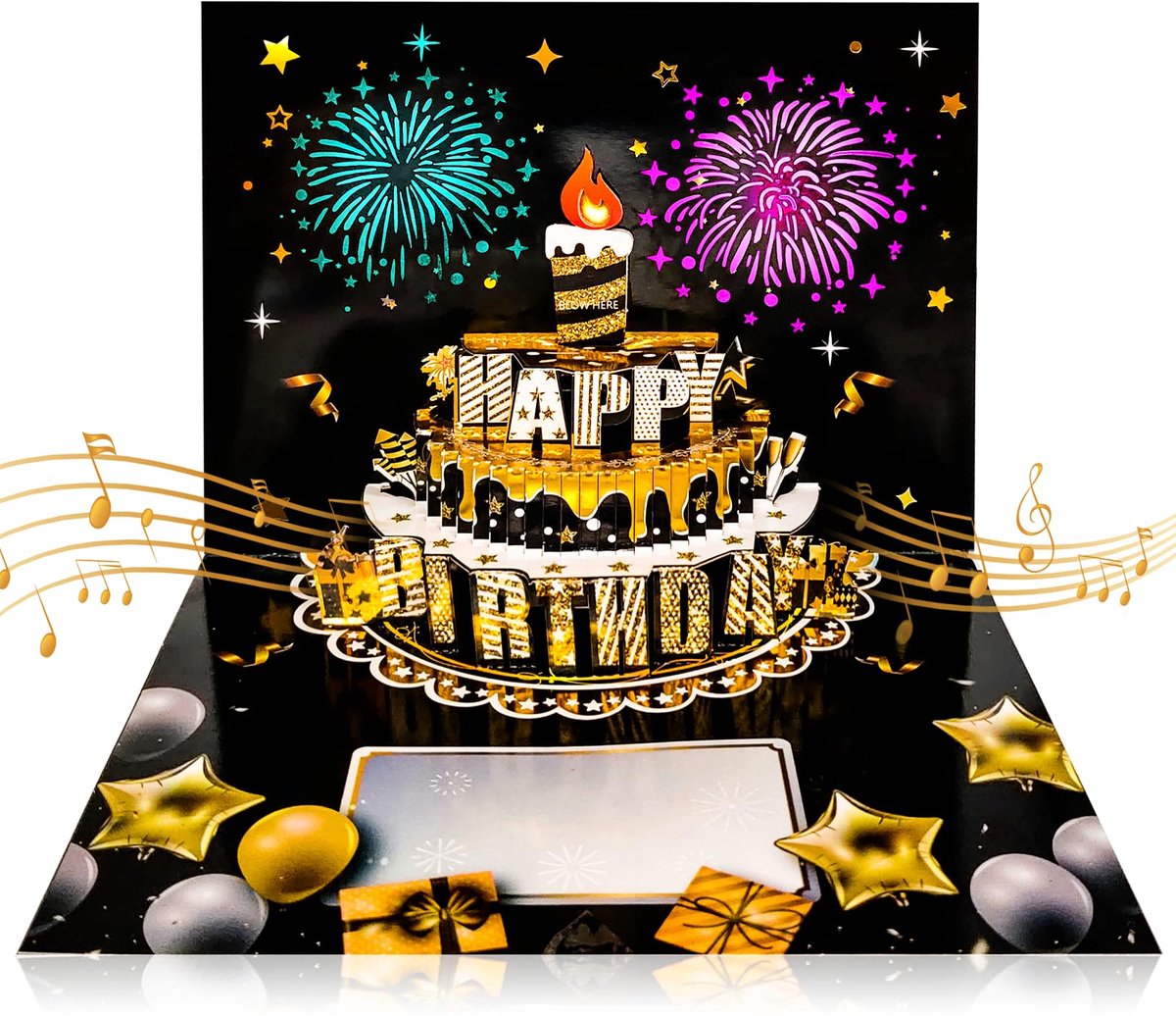 YYchan Popupkaarten - 3D Verjaardagskaart met Muziek en LED Licht - Interactieve Blaasbare Kaars - Zingende Pop-up Kaart Taart Ballonnen Vuurwerk - Happy Birthday Verrassing voor Kinderen en Volwassenen