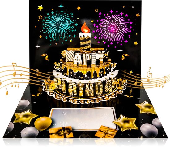 YYchan Popupkaarten - 3D Verjaardagskaart met Muziek en LED Licht - Interactieve Blaasbare Kaars - Zingende Pop-up Kaart Taart Ballonnen Vuurwerk - Happy Birthday Verrassing voor Kinderen en Volwassenen