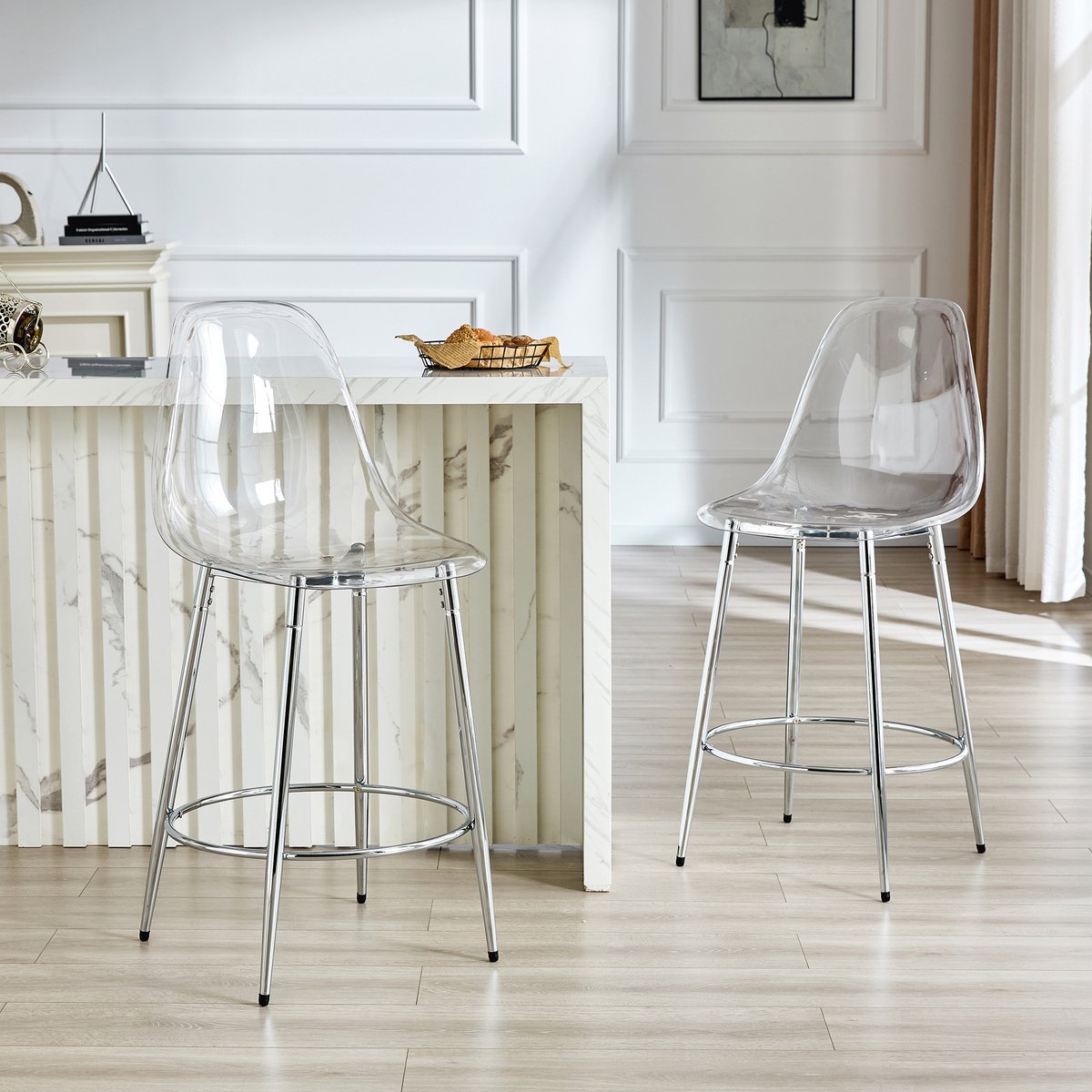 OKWISH Barkrukken 66 cm - Transparant Zwevend Design Set Van 2 - Voor Keukenbar En Kookeiland - Metaal Kunststof - Zilver Zilver, Transparant