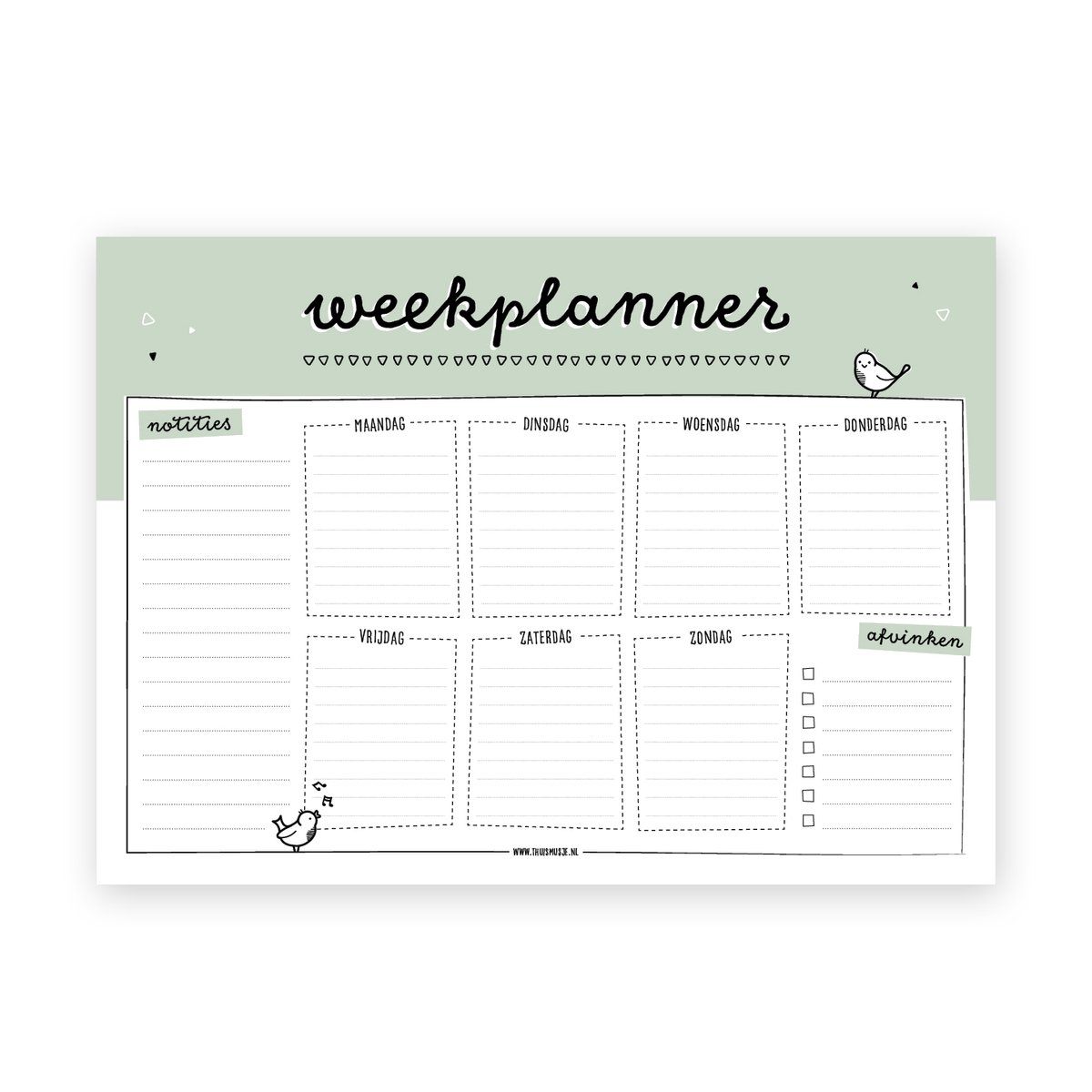 Weekplanner A4 - notitieblok familieplanner - werkplanner groen - Thuismusje