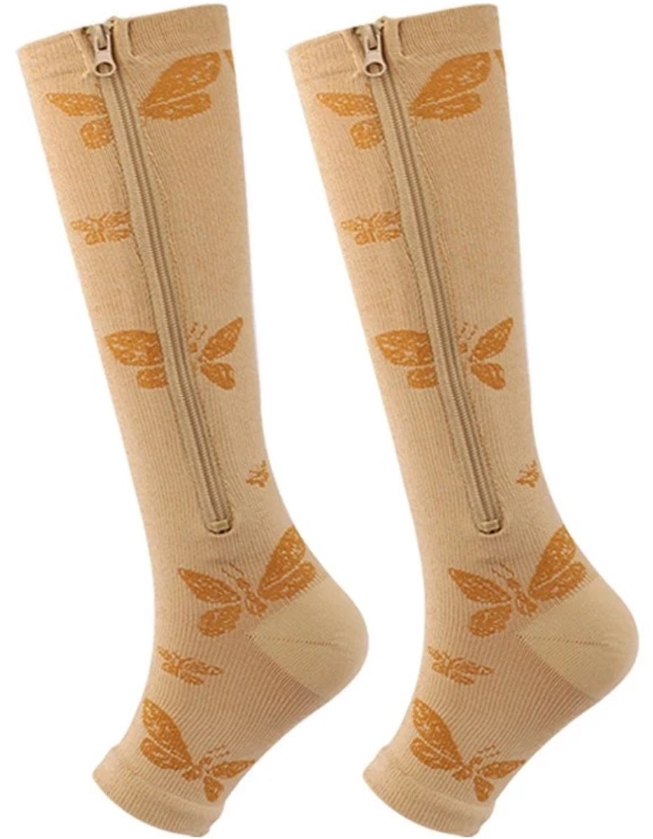 WiseGoods Premium Compressiekousen Vrouw Met Rits - 20-30 mmHg Teenloos - Kuithoog Steunkousen Dames - Maat L/XL - Kous Beige