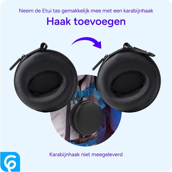 Twee zwarte, ronde horlogedoosjes met een karabijnhaak aan één ervan, bevestigd aan een rugzak.