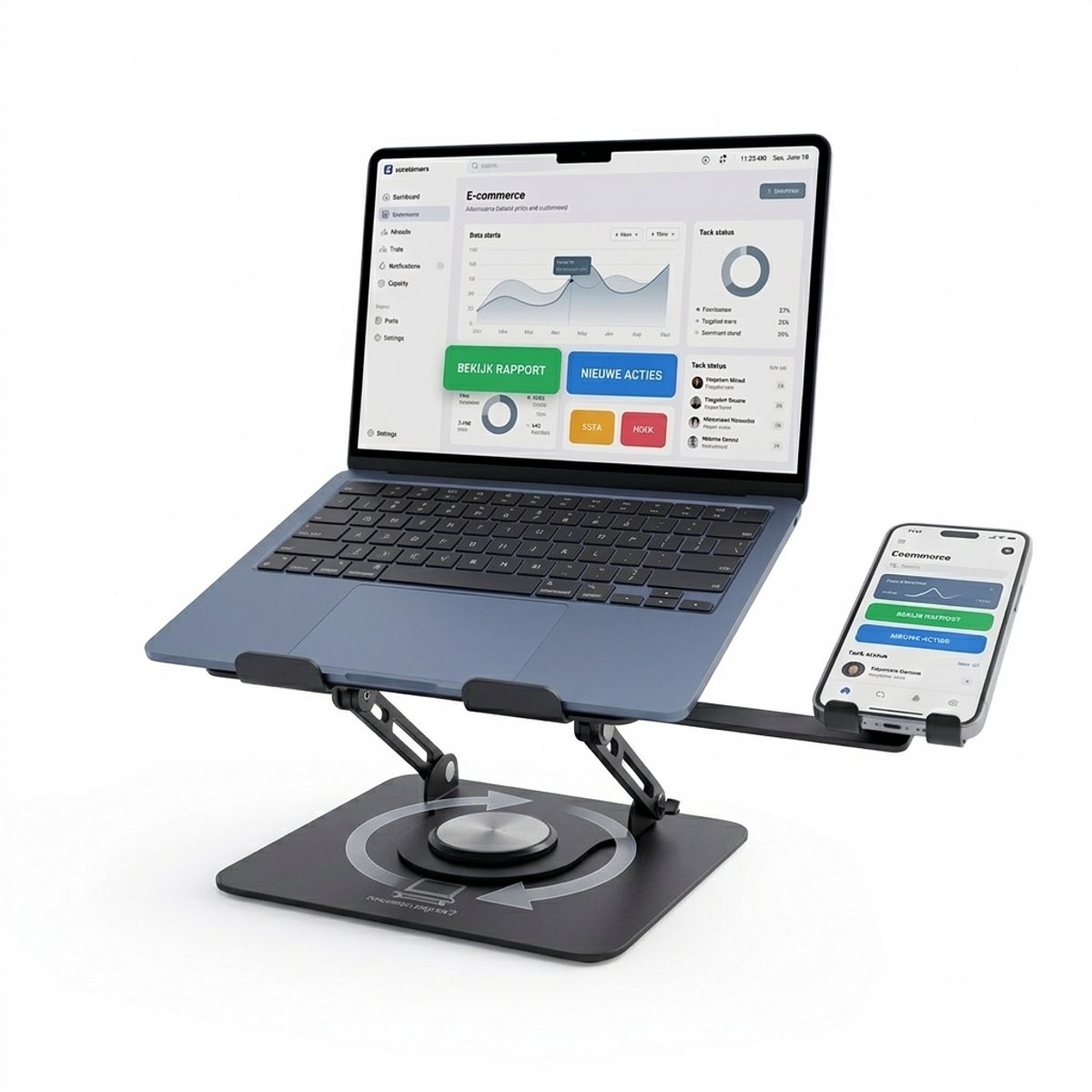 Opvouwbare verstelbare laptop standaard - Ergonomisch en roteerbaar - Tablet standaard - Met telefoonhouder - Antislip en krasbestendig - Laptophouder en verhoger - Zwart - Verbeterde luchtcirculatie
