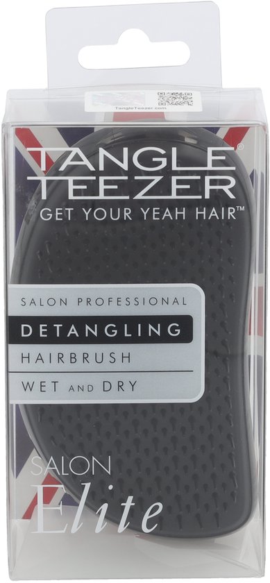 Grijze Tangle Teezer Salon Elite haarborstel in verpakking met Union Jack design.