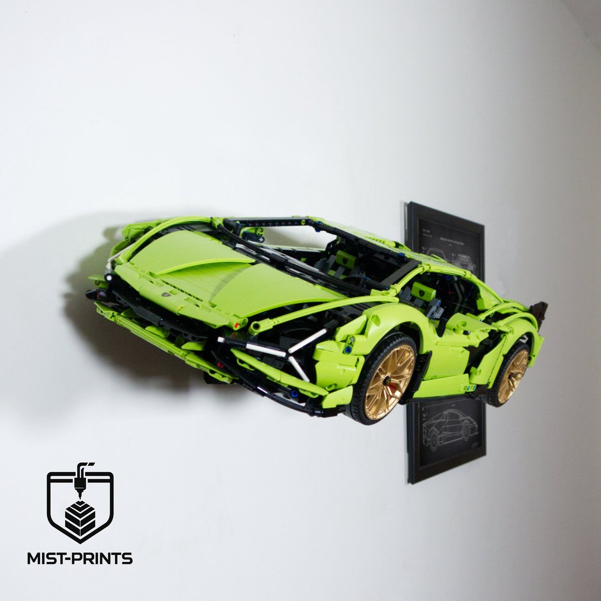 Mist-Prints - Wandbeugel voor bouwset 42115 - Muurhouder voor hypercar model - Zwart - 3D-geprint