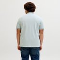 Lichtblauwe poloshirt, achterkant. Met een subtiele textuur en contrasterende boorden aan de mouwen en kraag.