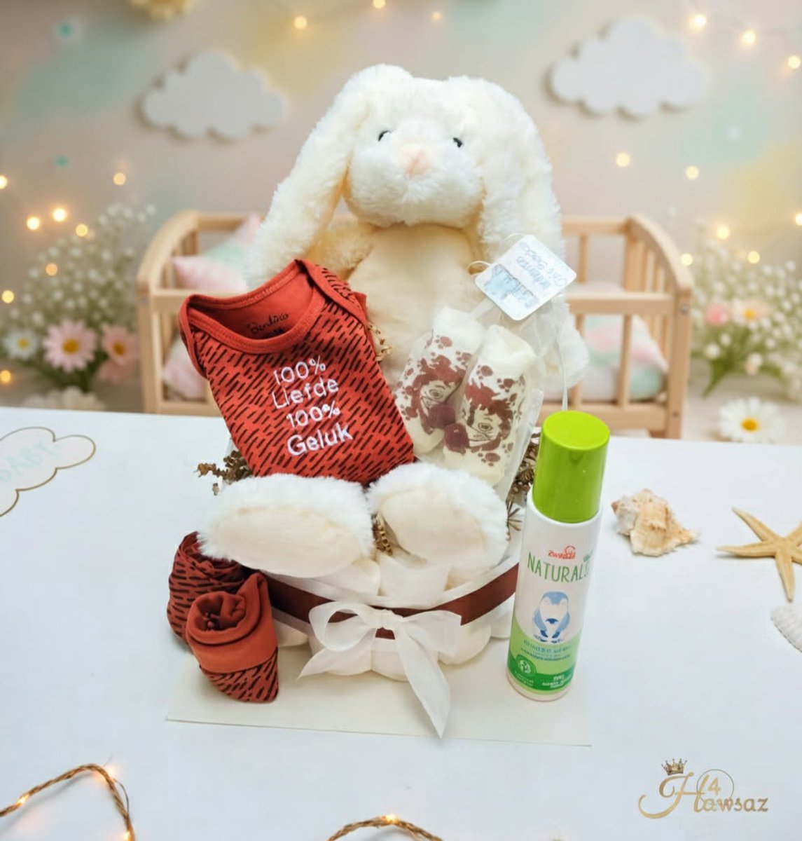 Kraamcadeau voor jongens en meisjes - Gepersonaliseerde cadeaus - Slabbetje - Muts - Baby cadeauset - Baby cadeau - Zwitsal - Babyversorging - Babyshower - Geboortecadeau - Babyspeelgoed - Babypakket - Babygeschenkset - Hydrofiel doek XL - Giraaf