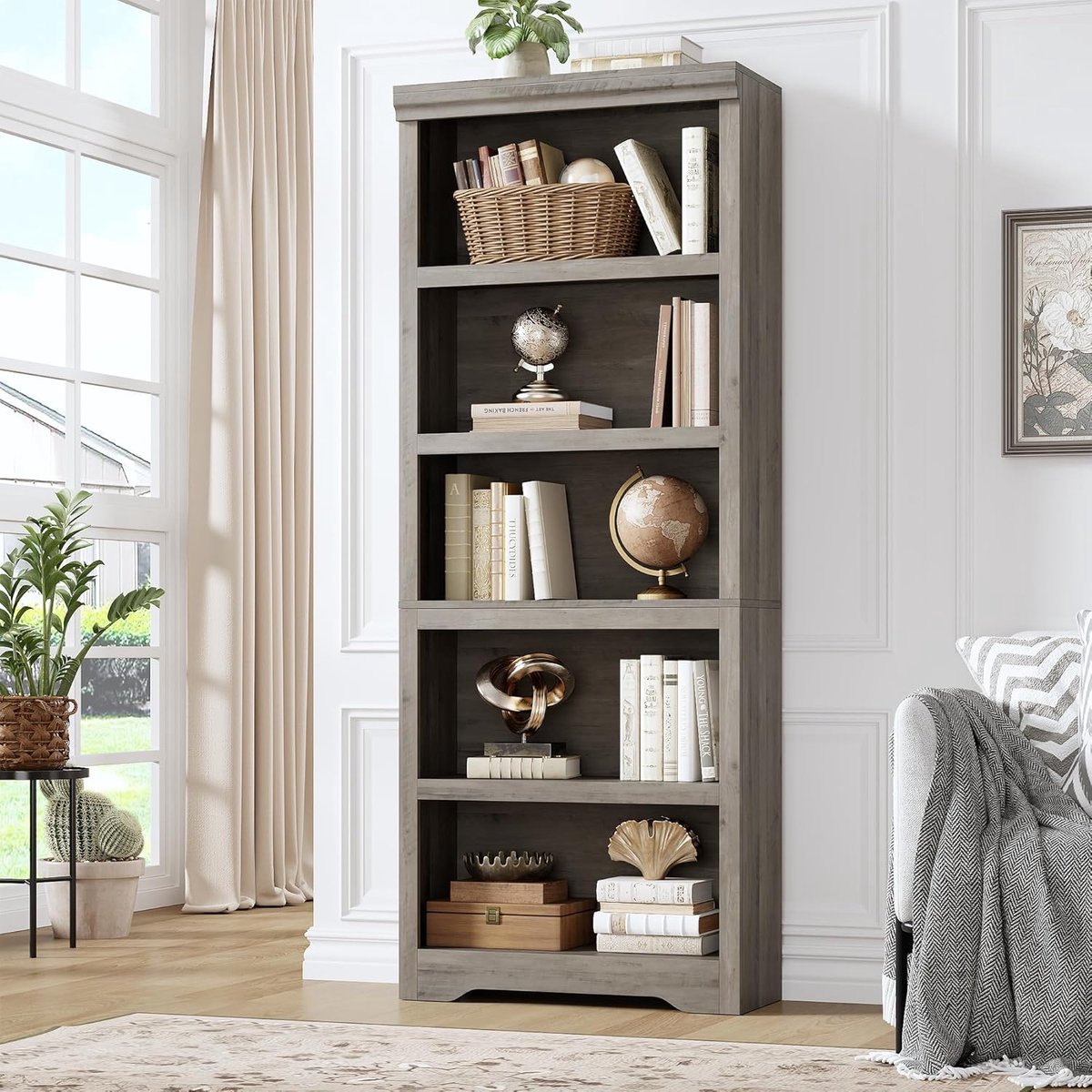 HOERFURIY Hoge Boekenkast met 5 Planken - Grijs Open Vakkenkast met Verstelbare Planken - Opbergkast voor Woonkamer, Kantoor & Slaapkamer - ca. 175 cm Hoog