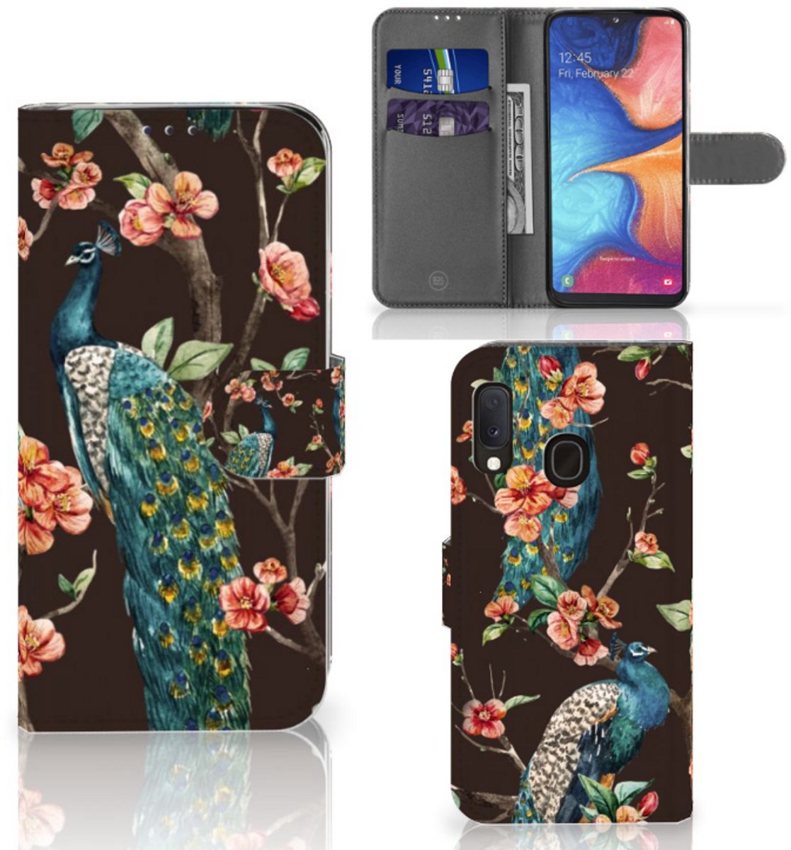Samsung Galaxy A20e Telefoonhoesje met Pasjes Pauw met Bloemen
