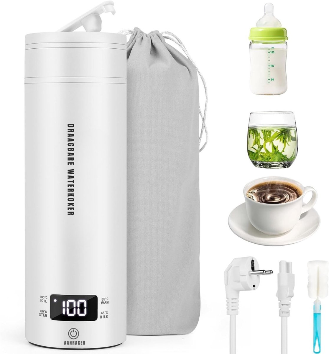 REN® Draagbare Waterkoker - Mini Waterkoker Voor Onderweg - Portable Reis Waterkoker - Wit- 8cmx 8cm x 23cm; 0,64 kg