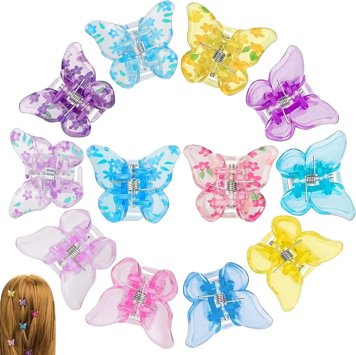 Kleurige 12-delige set vlinder haarspeldjes voor meisjes, mini klemmetjes en barrettes voor haaraccessoires