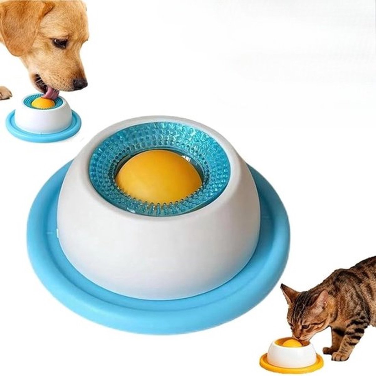 Hondenvoerbak, slow feeder (geschikt voor vloeibaar voer) - antislipbodem - met ingebouwd speelballetje, interactief speelgoed voor extra plezier voor honden en katten - blauw