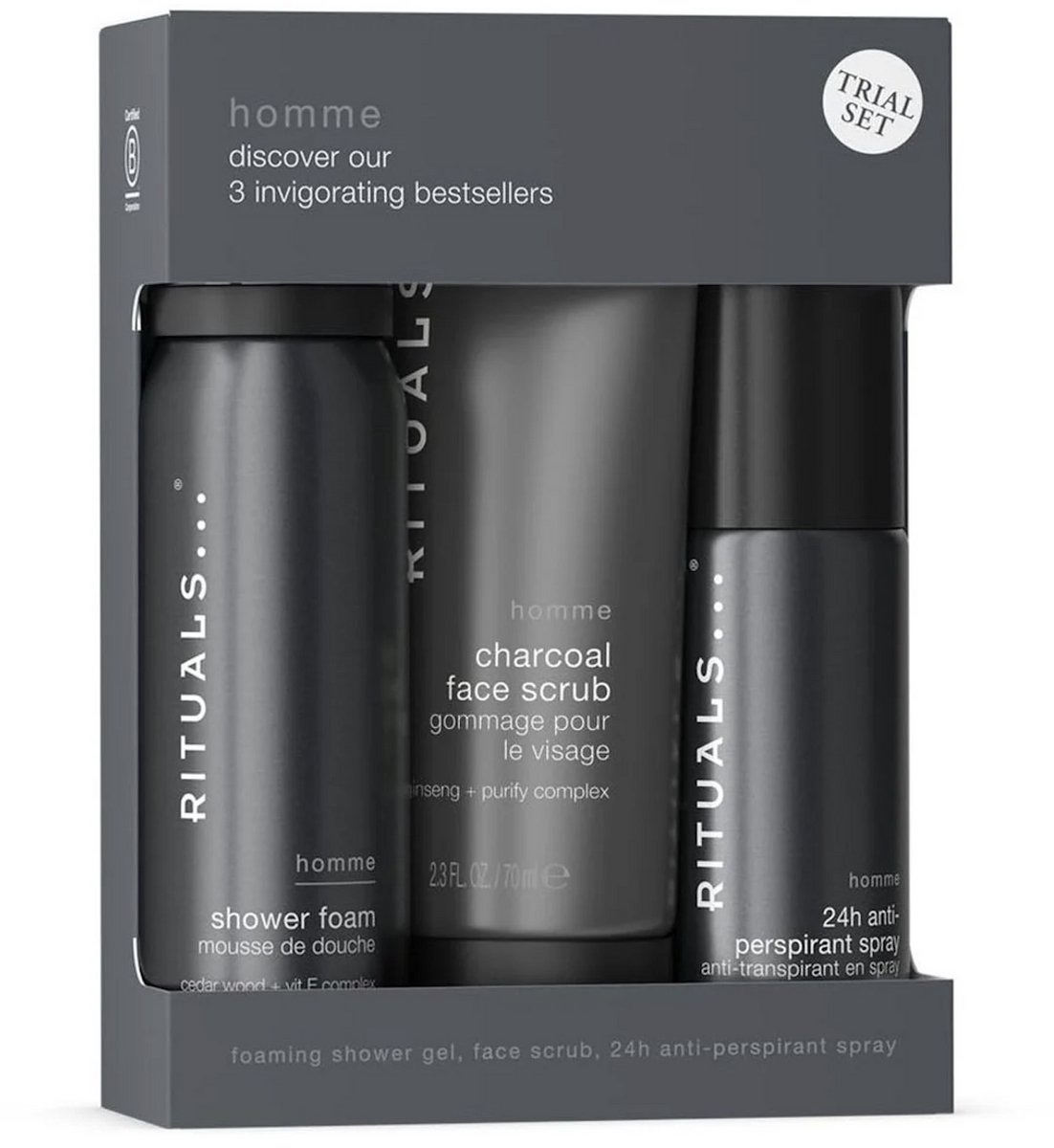 Rituals - Geschenkset voor Mannen - 3 Producten - Douchegel 50 ml + Anti-Perspirant Spray 50 ml + Gezichtsscrub 70 ml - Giftset Man - Cadeaudoos - Geschenkdoos - Face Scrub - Badschuim - Doucheschuim - Shower Gel - Foam - Deodorant - Man Heren Homme