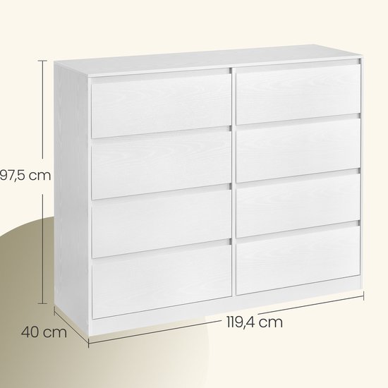 Commode blanche à 8 tiroirs, avec dimensions : 97,5 cm de haut, 40 cm de profondeur, 119,4 cm de large.
