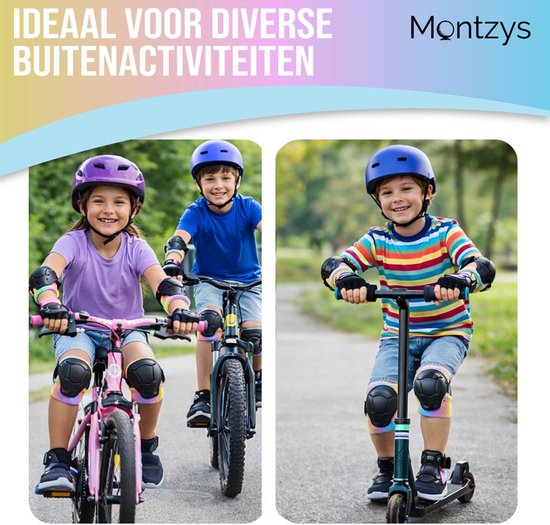 Kinderen met Montzys beschermende uitrusting, fietsend en steppend: meisjes met roze fiets, jongens op fiets en scooter.
