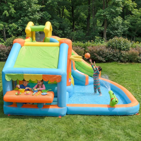 Château Gonflable Aquatique Géant 433x375x165 Cm – Toboggan, Piscine, Pistolets à Eau, Basket, Trampoline, Escalade – Avec Gonfleur 450W – Pour 3-10 Ans, Max 4 Enfants