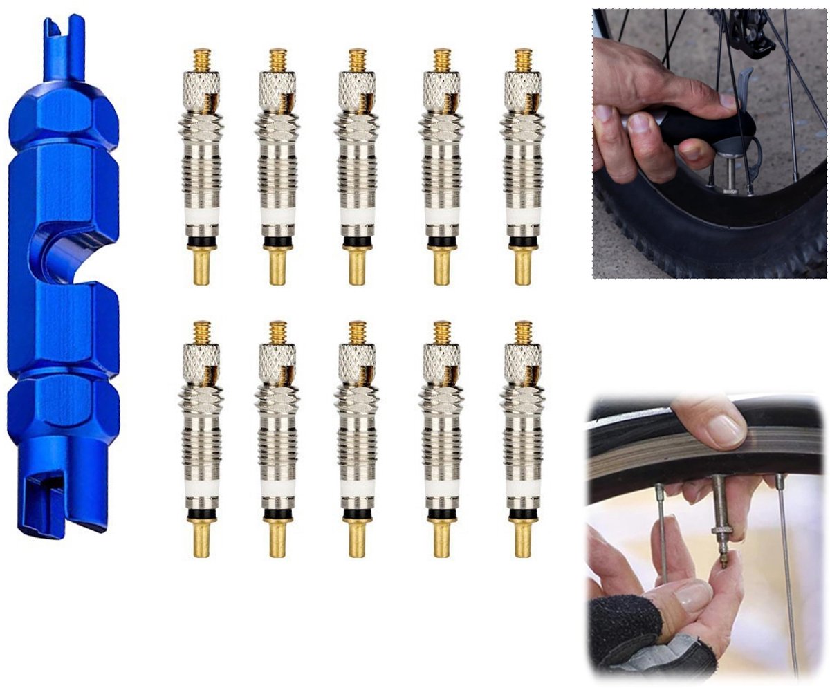 Flintronic Presta-ventielkernen, 11-delige fiets Presta-ventielverwijderingsset voor universele racefiets en mountainbikes, vervangende Presta-ventielkernvervangingsset inclusief verlengsleutel