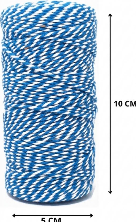 Rol blauw-wit touw met afmetingen 10 cm hoogte en 5 cm breedte.