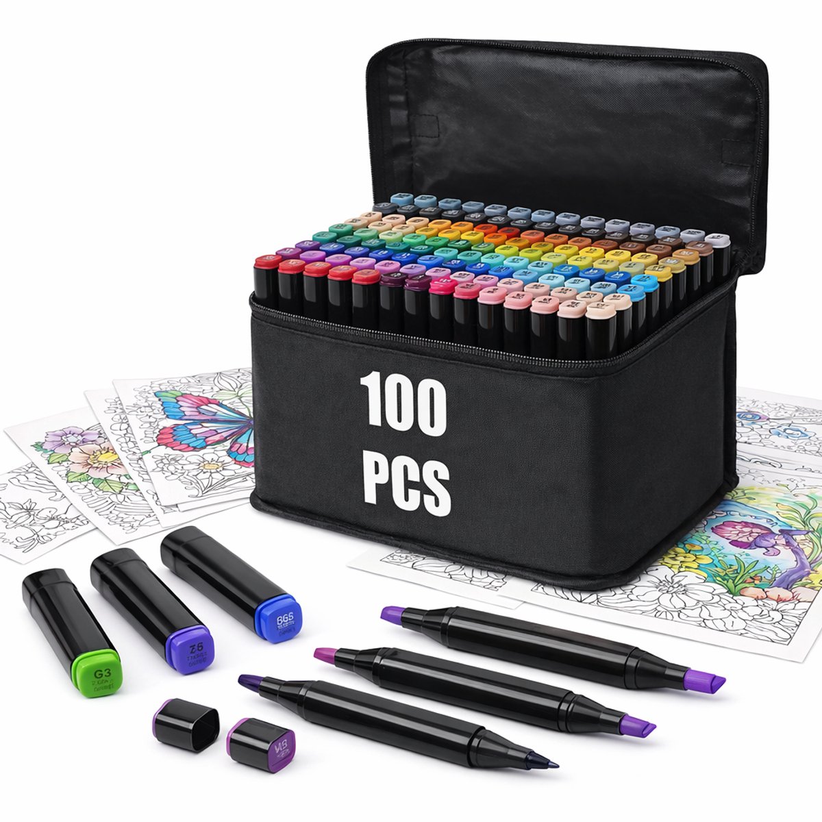Alcohol Markers 100 Stuks - Stiften - Twinmarkers - Dubbelzijdige Tekenset met Schoudertas - Hobby & Professionele Set - Kleuren voor kinderen en volwassenen - Multicolor