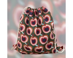 Luna-Leena duurzame kinder rugzak met appel print - groen, rood, blauw, roze - gymtas met koord - Oekotex stevig canvas katoen - L34x33cm - made in Nepal - appel tas - backpack - gymtas - cadeau - kidsbag