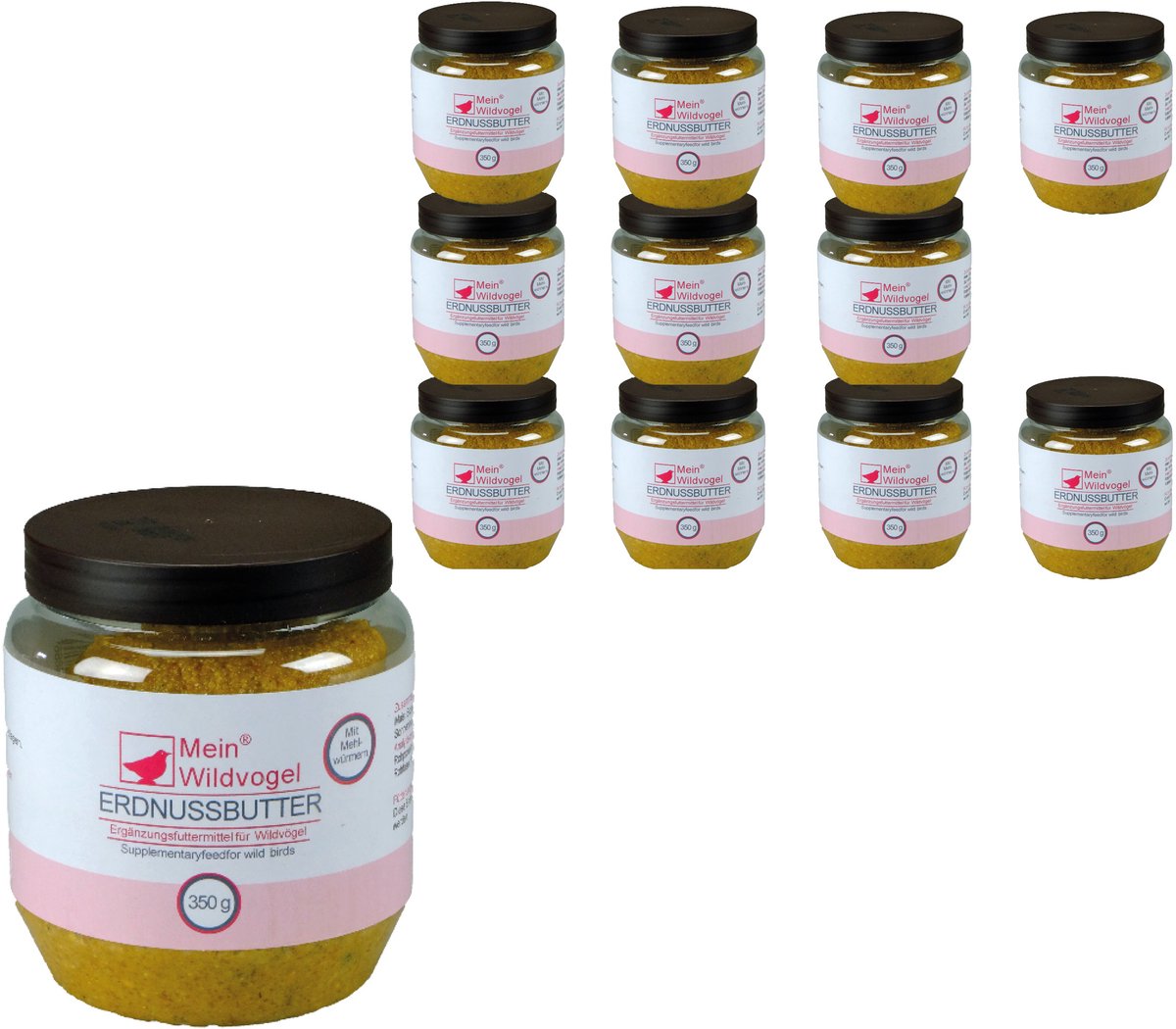 MeinWildvogel Vogelpindakaas met Meelwormen – 12 x 350g – Natuurlijk Vetvoer – Mezen & Tuinvogels