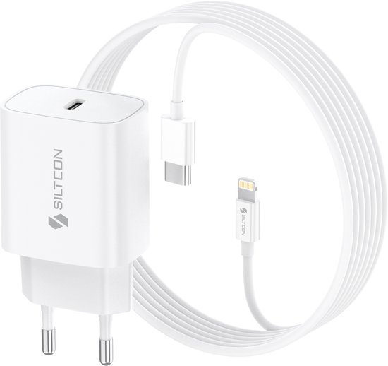 Witte Siltcon 35W oplader met genormaliseerde stekker en een opgerolde 2 meter lange USB-C naar Lightning kabel.