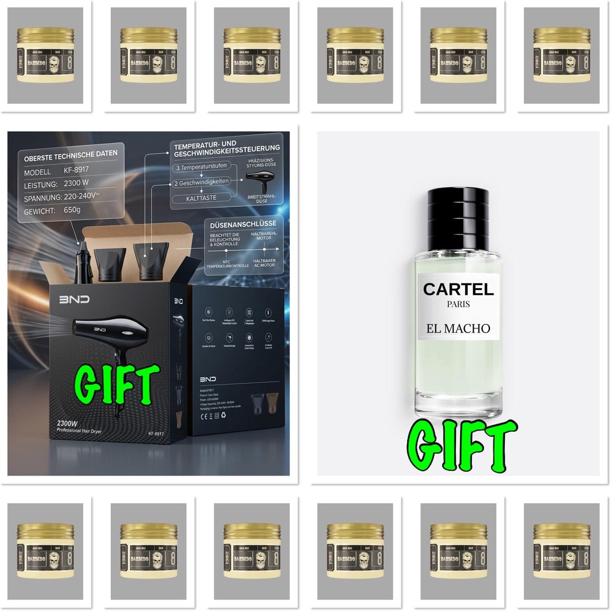 Bandido Aqua Wax Nr 8- 125ML. 12 Stuks + 2-Artikelen GIFT 1X Haardroger + 1X Parfum 50ml GIFT